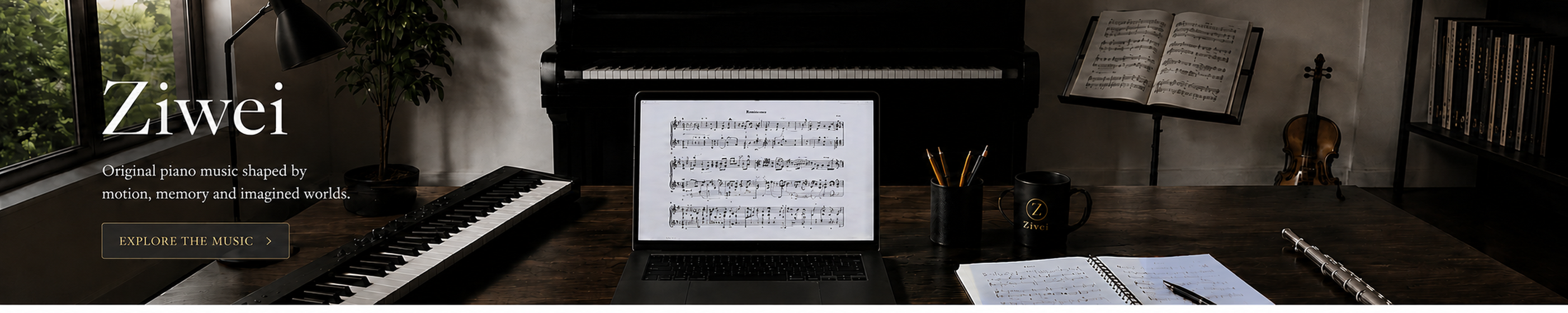 Ziwei Music workspace with upright piano, MIDI keyboard, laptop, scores, flute and violin