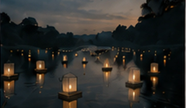 Lanterns drifting on a river at night