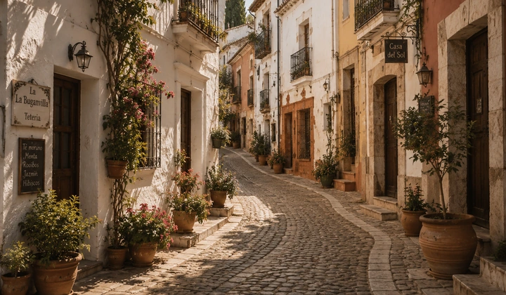 Sunny Spanish street with stone paving and small shops